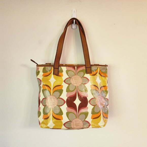 FOSSIL Floral Print Coated Canvas/Leather Tote Bag Key-Per Purse VGPC - Picture 3 of 16